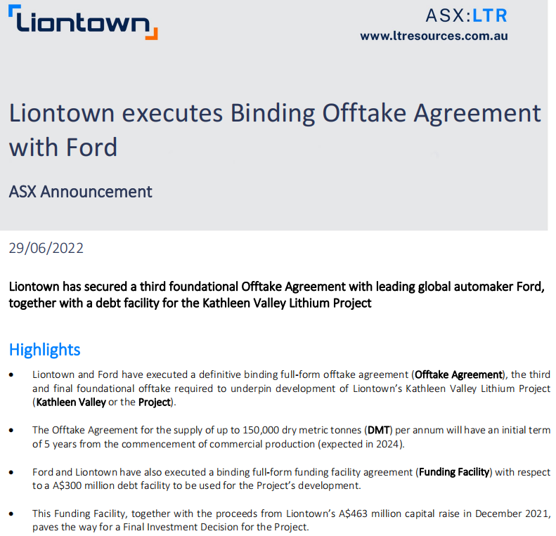 国际瞭望丨继特斯拉及LG新能源之后 Liontown再与福特签署锂矿供应协议