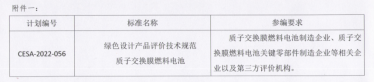 征集 |《绿色设计产品评价技术规范质子交换膜燃料电池》团标计划参编单位通知！